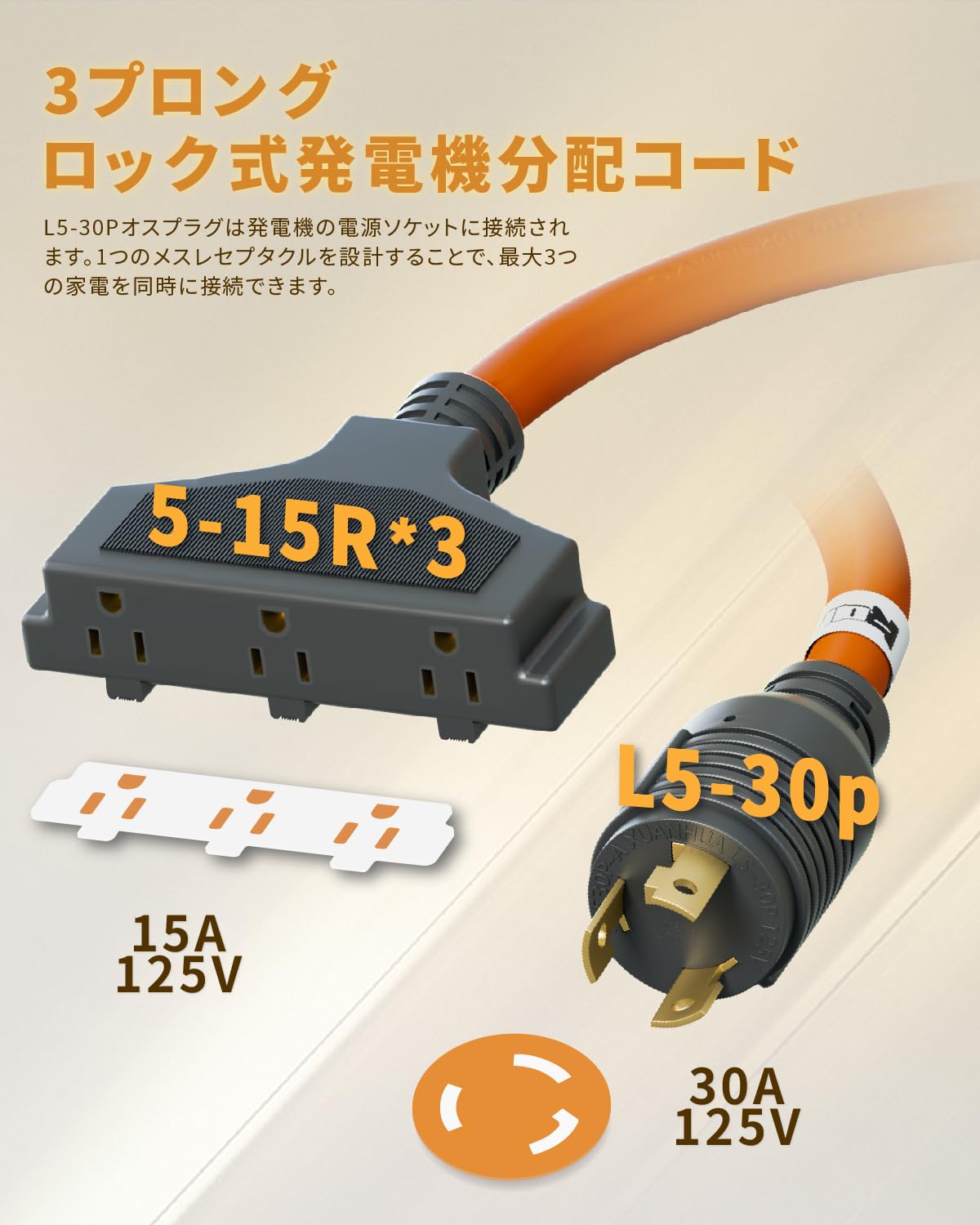 Amazon.co.jp: Kareyou発電機コード L5-30P（30A）→ 5-15R（3口） 15A